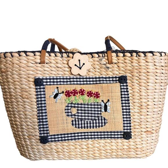 Breckenridge Straw Tote Bag Purse Blonde Wicker Picnic Blue Check Teacup Bee - Picture 1 of 10